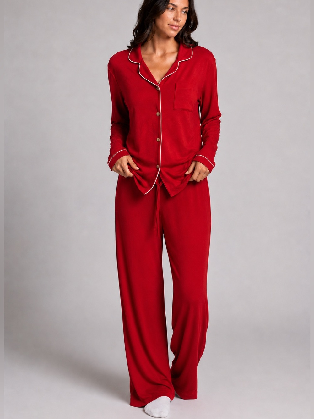 Natori Pajama Set Women's Red Loungewear Button Front Piping Modern | Size M